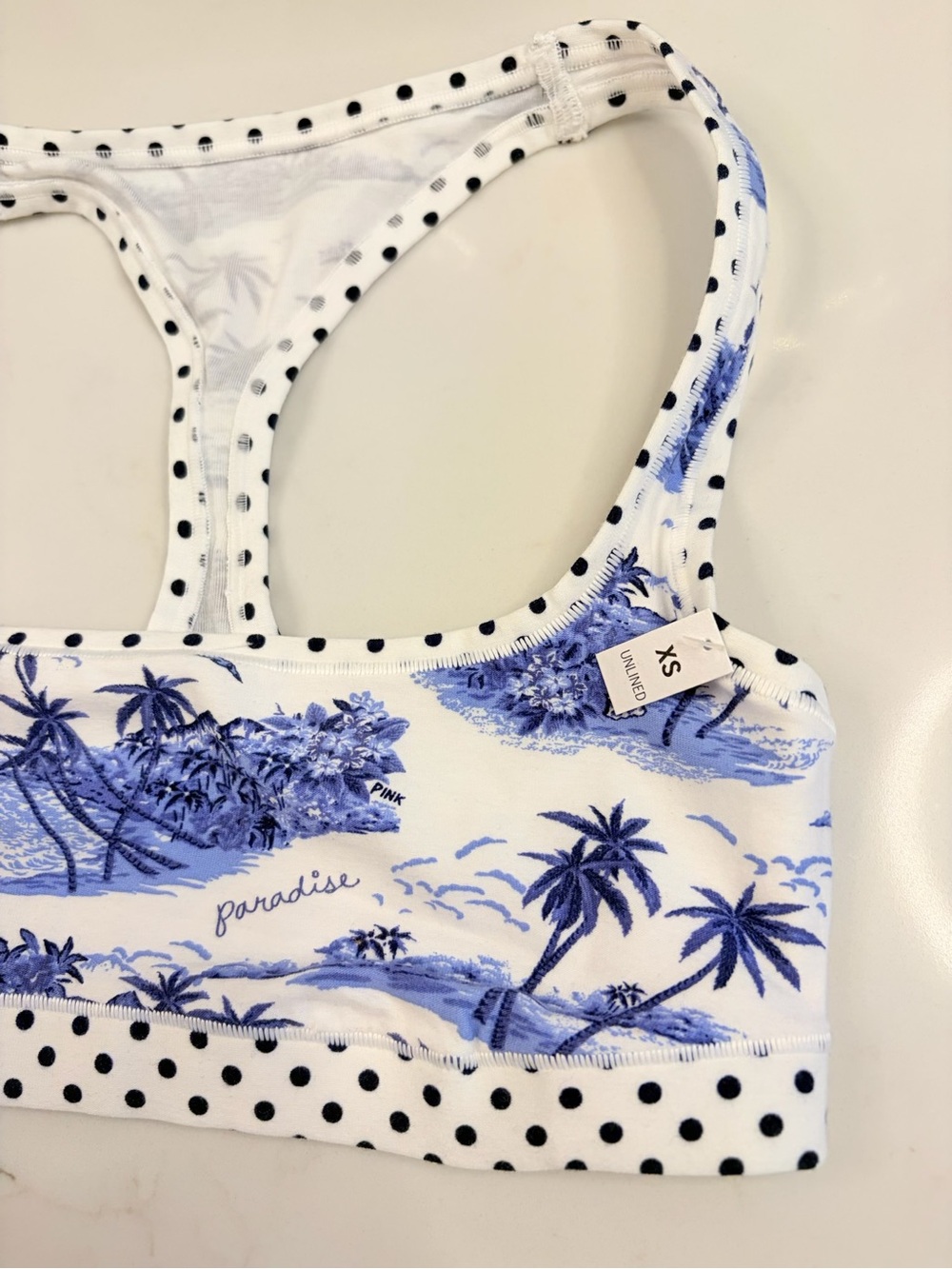 Pink/Victoria's Secret White Bralette with Blue Floral & Black Polka Dot Trim